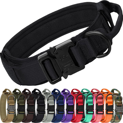 Tactical Dog Collar with Handle and Metal Buckle, Heavy Duty Padded Military 2 Patches for Training, Adjustable Large Dogs, Black, L Black.