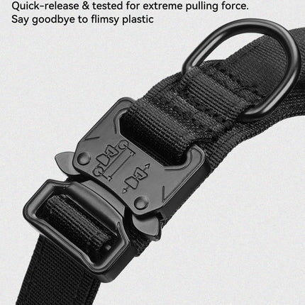 Tactical Dog Collar with Handle and Metal Buckle, Heavy Duty Padded Military 2 Patches for Training, Adjustable Large Dogs, Black, L Black.