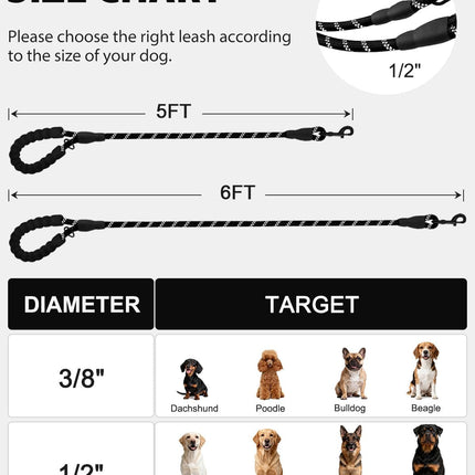 Dog Leash for Large Dogs, Heavy Duty Nylon Leashes with Comfortable Padded Handle and Highly Reflective Threads, Ideal Walking Training, Black, 6'×1/2'' Black 6FT×1/2'' (20~120 lbs).