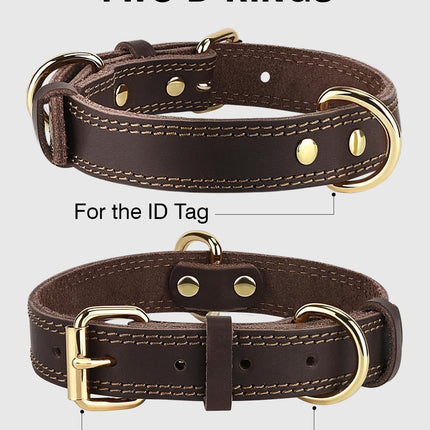 Genuine Leather Dog Collar for Large Dogs, Heavy Duty Thick Solid Power Breeds, Sturdy Adjustable Pet with Metal Pin Buckle, Durable Daily Walking, Brown, L Brown.
