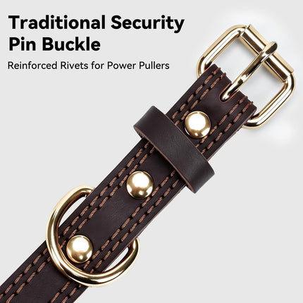 Genuine Leather Dog Collar for Large Dogs, Heavy Duty Thick Solid Power Breeds, Sturdy Adjustable Pet with Metal Pin Buckle, Durable Daily Walking, Brown, L Brown.