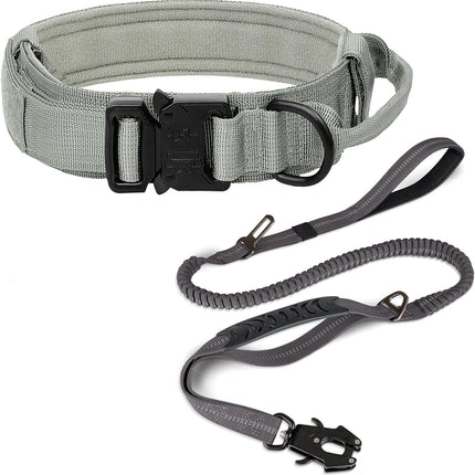 Tactical Dog Collar(15"-18") and Leash Set, Adjustable Strong Collar with Handle Shock Absorbing Bungee for Medium Dogs(Gray,M) -.