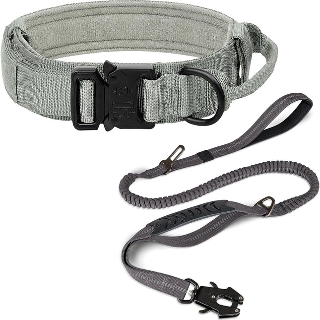 Tactical Dog Collar(15"-18") and Leash Set, Adjustable Strong Collar with Handle Shock Absorbing Bungee for Medium Dogs(Gray,M) -.