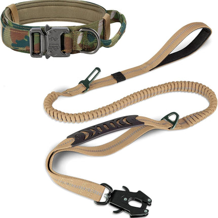 Tactical Dog Collar(17"-21") and Leash Set, Shock Absorbing Bungee Adjustable Strong Collar with Handle for Large Dogs(Camouflage, L) -.
