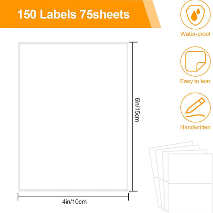 150 Pcs Labels for Storage Bins, 6 X 4 Inch Removable Tear Resistant No Residue Bin Label, Matte White Blank Box Label School, Home, Business - labels / 75 Sheets(6" x 4").