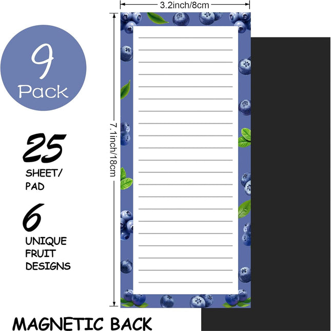 9 Pack Magnetic Notepads for Refrigerator, Fruit Design Grocery List Pad Fridge, Full Magnet Back Shopping Lists, 25 Sheets Per Note Pads -.