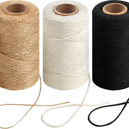 984 Ft Twine String, Natural Jute Twine, 2mm White Cotton Rope, 10ply Black for Crafts, Art, Gardening Plants, Gift Wrapping, Decoration, Packing String Bulk(3 Rolls) - 3 Rolls.