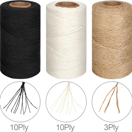 984 Ft Twine String, Natural Jute Twine, 2mm White Cotton Rope, 10ply Black for Crafts, Art, Gardening Plants, Gift Wrapping, Decoration, Packing String Bulk(3 Rolls) - 3 Rolls.