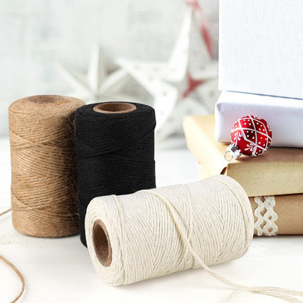 984 Ft Twine String, Natural Jute Twine, 2mm White Cotton Rope, 10ply Black for Crafts, Art, Gardening Plants, Gift Wrapping, Decoration, Packing String Bulk(3 Rolls) - 3 Rolls.