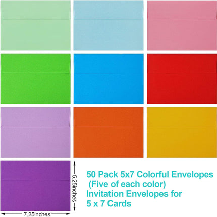 50 Pack Colored Envelope, 5x7 Envelopes, A7 Envelopes for Invitations, Printable Invitation Envelope Weddings, Photos, Postcards, Greeting Cards, Mailing - (5" x 7").
