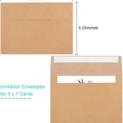 50 Pack Brown Kraft Envelopes, 5x7 Envelopes for Invitations, A7 Invitation Personalize Gift Cards, Wedding, Baby Shower, Birthday Party - (5.25x7.25in).