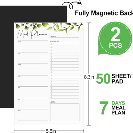 2 PCS Weekly Meal Planner Magnetic for Fridge 8.3x5.5”, Undated and Grocery List Tearable Shopping List, Menu Plan - 50 Pages/Book.