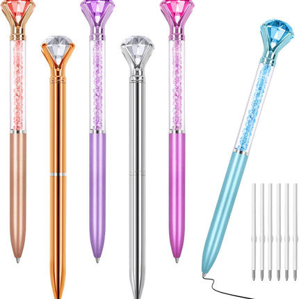 6 Diamond Pens with Crystal Top, Bulk Black Ink Refill, for Office, School, Home -.