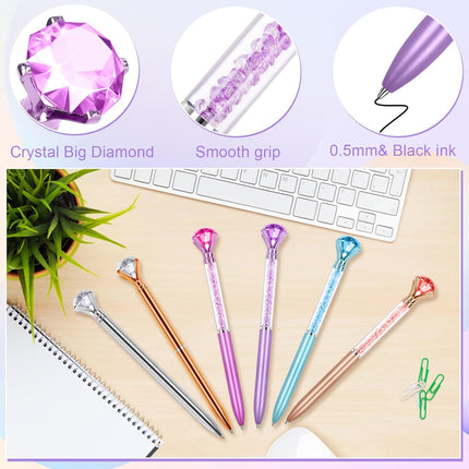 6 Diamond Pens with Crystal Top, Bulk Black Ink Refill, for Office, School, Home -.