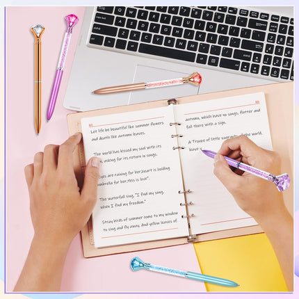 6 Diamond Pens with Crystal Top, Bulk Black Ink Refill, for Office, School, Home -.