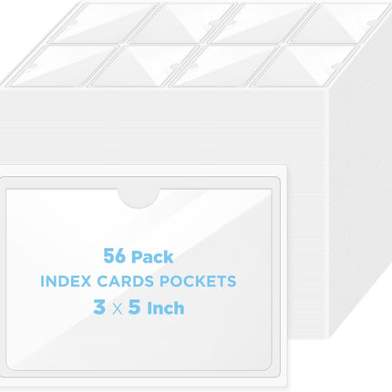 56 Pack Clear Self-Adhesive Pockets, 3" x 5" Index Card Pockets with Top Open Loading, PVC Label Holders for Organizing Storage Bins, Library Card, Drawer, and Protecting Your Cards -.