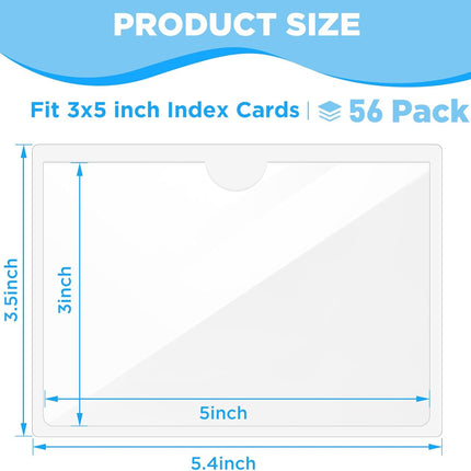 56 Pack Clear Self-Adhesive Pockets, 3" x 5" Index Card Pockets with Top Open Loading, PVC Label Holders for Organizing Storage Bins, Library Card, Drawer, and Protecting Your Cards -.