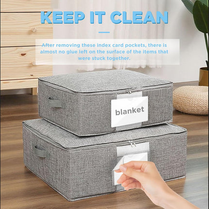 56 Pack Clear Self-Adhesive Pockets, 3" x 5" Index Card Pockets with Top Open Loading, PVC Label Holders for Organizing Storage Bins, Library Card, Drawer, and Protecting Your Cards -.