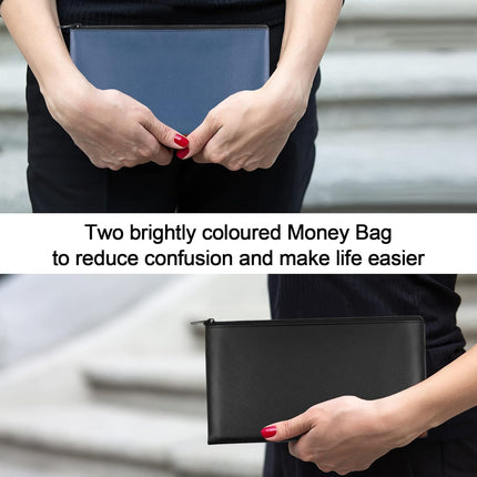 2 Pieces Money Bag,11x6.1 Inch Bags With Zipper for Cash, Bank Bag, Pouch, Holder Coins, Cosmetics, Bills, Tool 1 Black & Blue -.