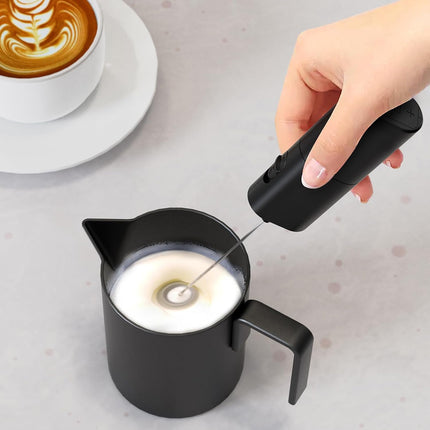 Powerful Milk Frother for Coffee, Fast Handheld Drink Mixer with Stainless Steel Whisk, Hand Stirrer Wand-Black -.