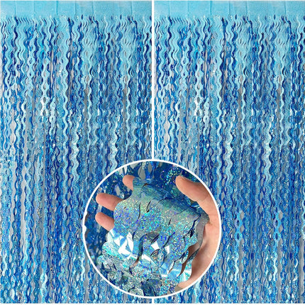 Tinsel Foil Fringe Curtains Wavy Backdrop for Parties Sparkle Metallic Curtain Party Decorations Photo Booth Props Birthday Graduation Wedding Light Blue 2 Pack.