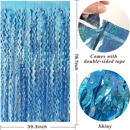 Tinsel Foil Fringe Curtains Wavy Backdrop for Parties Sparkle Metallic Curtain Party Decorations Photo Booth Props Birthday Graduation Wedding Light Blue 2 Pack.