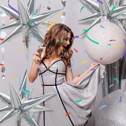 60Pcs Silver Star Balloons Birthday Decorations Explosion Mylar 12 Spike Balloon Large Foil Prom for Wedding Anniversary Christmas New Year Eve Party Backdrops Supplies -.
