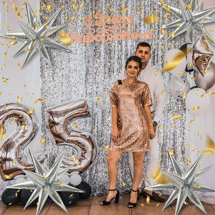 60Pcs Silver Star Balloons Birthday Decorations Explosion Mylar 12 Spike Balloon Large Foil Prom for Wedding Anniversary Christmas New Year Eve Party Backdrops Supplies -.