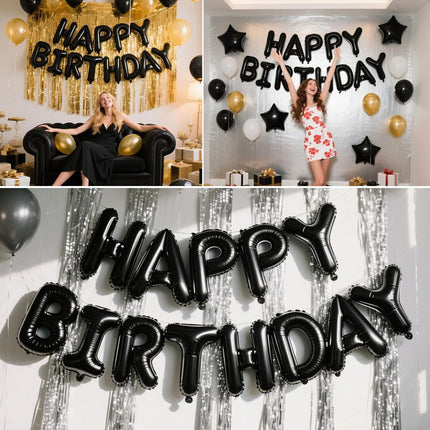 Happy Birthday Banner Black Balloons for Decorations 13pcs Mylar Foil Letters Sign Party Men, Women, Boys and Girls -.