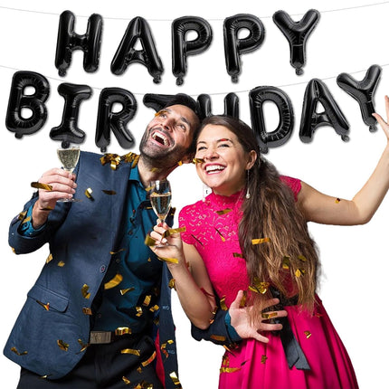 Happy Birthday Banner Black Balloons for Decorations 13pcs Mylar Foil Letters Sign Party Men, Women, Boys and Girls -.