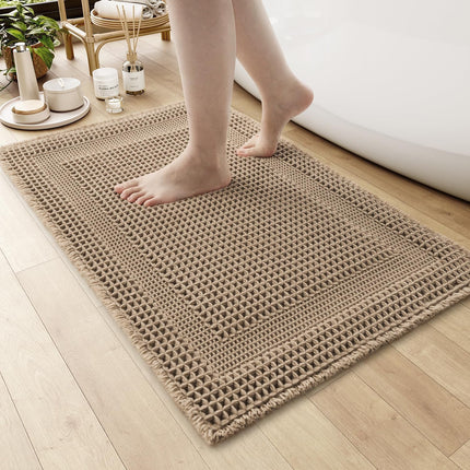 Waffle Bath-Mat, Absorbent Bath Mats for Bathroom Non Slip, Machine Washable Rugs with Tassels Ultra Soft Boho Floor 17''x24'' Beige.