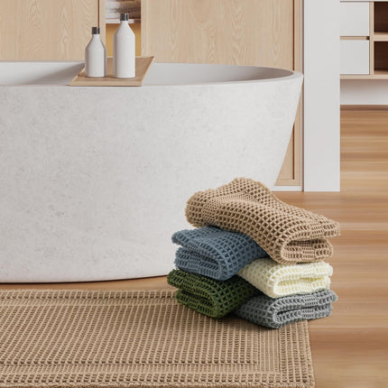 Waffle Bath-Mat, Absorbent Bath Mats for Bathroom Non Slip, Machine Washable Rugs with Tassels Ultra Soft Boho Floor 17''x24'' Beige.