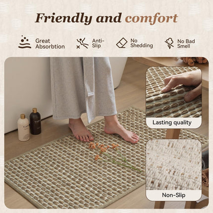 Unique Woven Bath Mat, Super Absorbent Non Slip Mats for Bathroom Floor Textured Mat Quick Dry Washable Boho Thin Rugs Beside Tub, 17" x 24", Brown 24".
