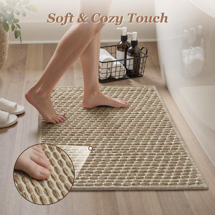 Unique Woven Bath Mat, Super Absorbent Non Slip Mats for Bathroom Floor Textured Mat Quick Dry Washable Boho Thin Rugs Beside Tub, 17" x 24", Brown 24".