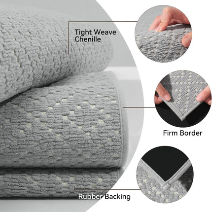 Thin Bath Mat, Super Absorbent Mats for Bathroom, Quick Dry Rubber Backed Rug Non Slip, Chenille Surface Bathroom Rugs Fit Under Door,Low Pile Shower Rug,Grey,17" x 28" Grey 17".