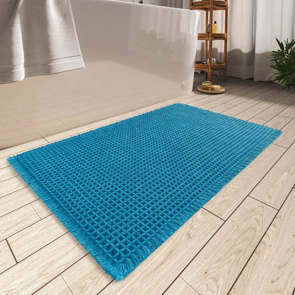 Upgraded Waffle Bath Mat, Super Absorbent Non Slip Mats for Bathroom Floor, Machine Washable Rugs with Tassels, Rubber Backed Mats, Ultra Soft, 18" x 30", Teal -.