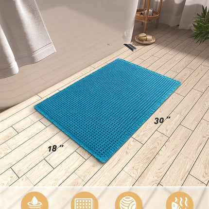 Upgraded Waffle Bath Mat, Super Absorbent Non Slip Mats for Bathroom Floor, Machine Washable Rugs with Tassels, Rubber Backed Mats, Ultra Soft, 18" x 30", Teal -.