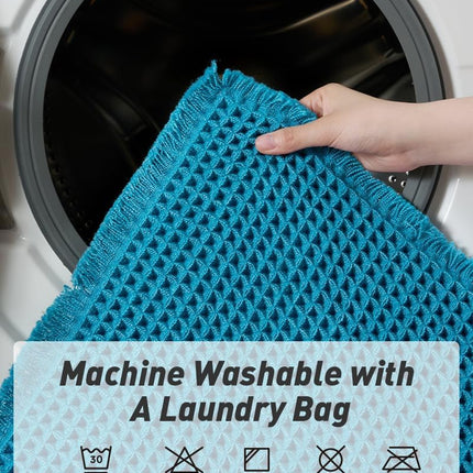 Upgraded Waffle Bath Mat, Super Absorbent Non Slip Mats for Bathroom Floor, Machine Washable Rugs with Tassels, Rubber Backed Mats, Ultra Soft, 18" x 30", Teal -.
