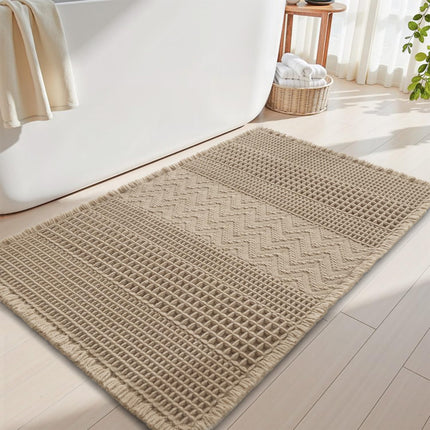 Waffle Bath-Mat, Super Absorbent Bath Mats for Bathroom, Boho Bathroom Rugs Non Slip Washable, Ultra Soft Bathroom-Mat with Tassels Floor Mat, 20" X 32" Brown Brwon 20"x32".
