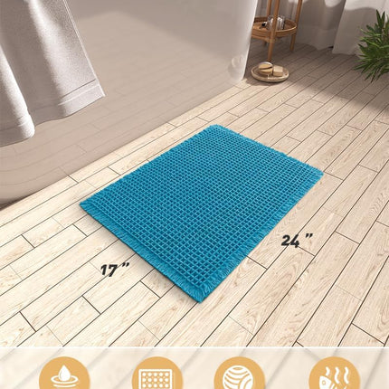 Upgraded Waffle Bath Mat, Super Absorbent Non Slip Mats for Bathroom Floor, Machine Washable Rugs with Tassels, Rubber Backed Mats, Ultra Soft, 17" x 24", Teal -.