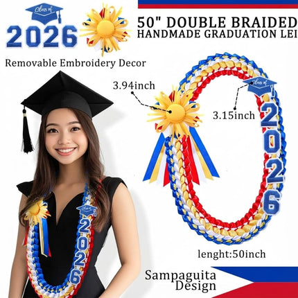 50" Graduation Leis Class of 2026 Ribbon Lei Double Braided Handmade Congrats Graduates Money with Satin Flower for Mexican Puerto Rico El Salvador Philippines Grad Gifts Red, Blue, Gold.