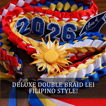 50" Graduation Leis Class of 2026 Ribbon Lei Double Braided Handmade Congrats Graduates Money with Satin Flower for Mexican Puerto Rico El Salvador Philippines Grad Gifts Red, Blue, Gold.