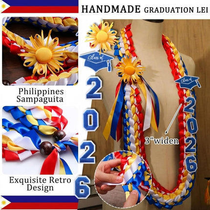 50" Graduation Leis Class of 2026 Ribbon Lei Double Braided Handmade Congrats Graduates Money with Satin Flower for Mexican Puerto Rico El Salvador Philippines Grad Gifts Red, Blue, Gold.