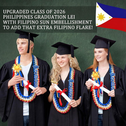 50" Graduation Leis Class of 2026 Ribbon Lei Double Braided Handmade Congrats Graduates Money with Satin Flower for Mexican Puerto Rico El Salvador Philippines Grad Gifts Red, Blue, Gold.
