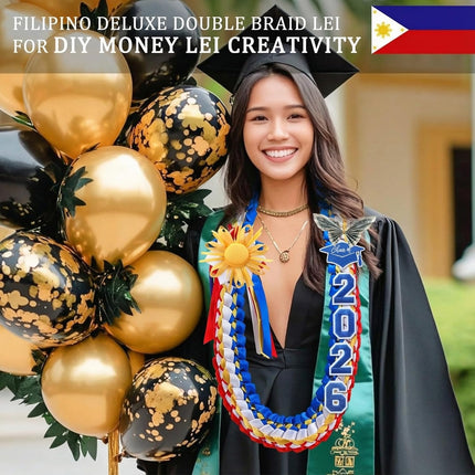 50" Graduation Leis Class of 2026 Ribbon Lei Double Braided Handmade Congrats Graduates Money with Satin Flower for Mexican Puerto Rico El Salvador Philippines Grad Gifts Red, Blue, Gold.