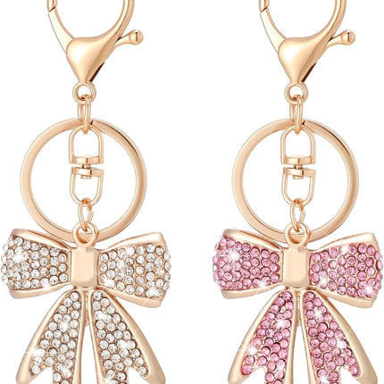 2 Pcs Pink Bow Rhinestone Keychain Cute Backpack Accessories for Mother's Day Gift Cheer Graduation Stocking Stuffer Gold -.