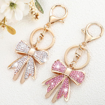 2 Pcs Pink Bow Rhinestone Keychain Cute Backpack Accessories for Mother's Day Gift Cheer Graduation Stocking Stuffer Gold -.