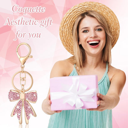 2 Pcs Pink Bow Rhinestone Keychain Cute Backpack Accessories for Mother's Day Gift Cheer Graduation Stocking Stuffer Gold -.