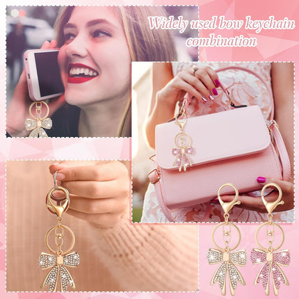 2 Pcs Pink Bow Rhinestone Keychain Cute Backpack Accessories for Mother's Day Gift Cheer Graduation Stocking Stuffer Gold -.