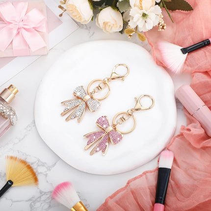 2 Pcs Pink Bow Rhinestone Keychain Cute Backpack Accessories for Mother's Day Gift Cheer Graduation Stocking Stuffer Gold -.